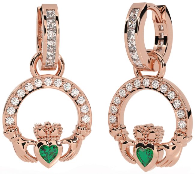 Diamond Emerald Rose Gold Silver Claddagh Dangle Earrings