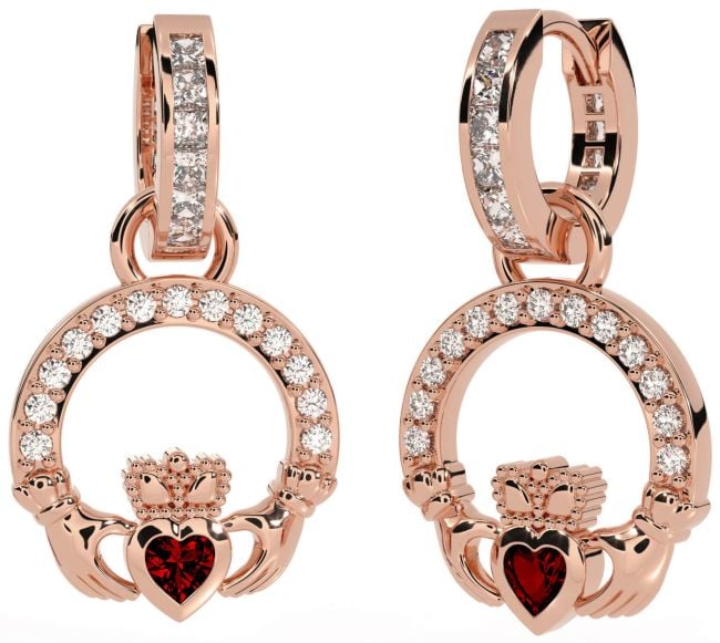 Diamond Garnet Rose Gold Silver Claddagh Dangle Earrings