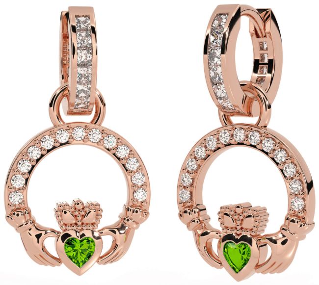 Diamond Peridot Rose Gold Silver Claddagh Dangle Earrings