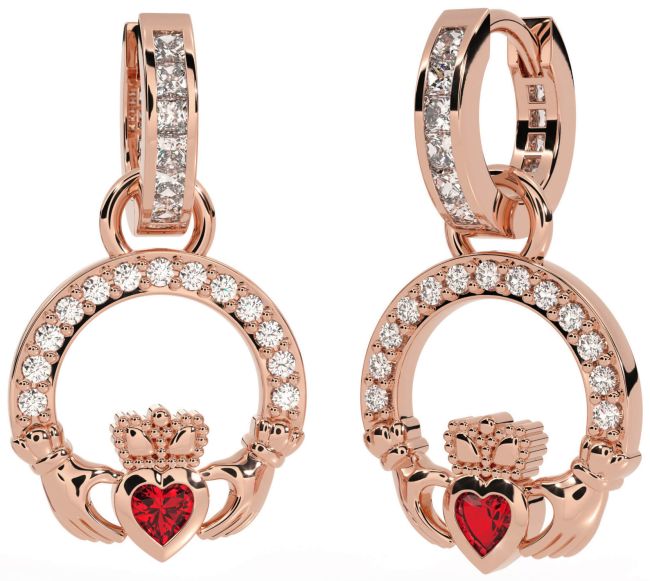 Diamond Ruby Rose Gold Silver Claddagh Dangle Earrings