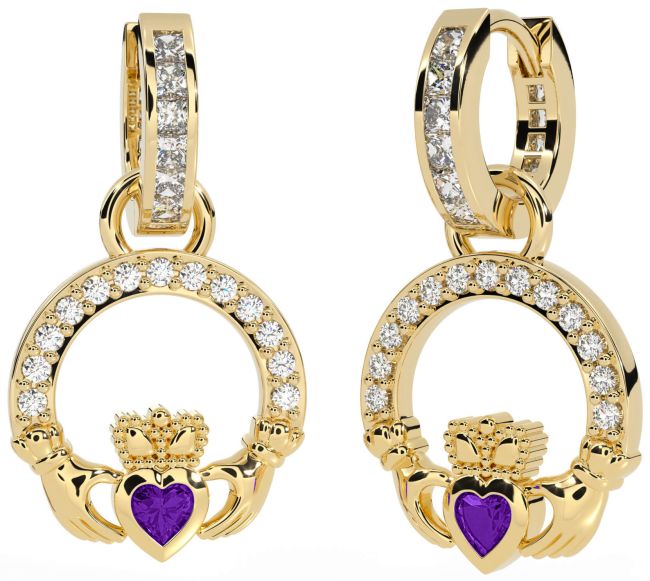 Diamond Amethyst Gold Silver Claddagh Dangle Earrings