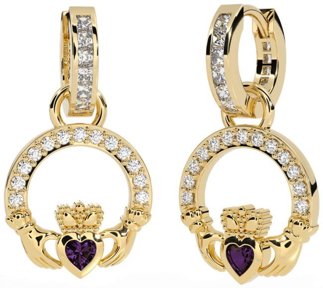 Diamond Alexandrite Gold Silver Claddagh Dangle Earrings