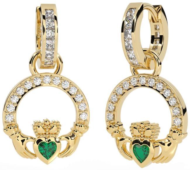 Diamond Emerald Gold Silver Claddagh Dangle Earrings