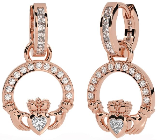 Diamond Rose Gold Claddagh Dangle Earrings