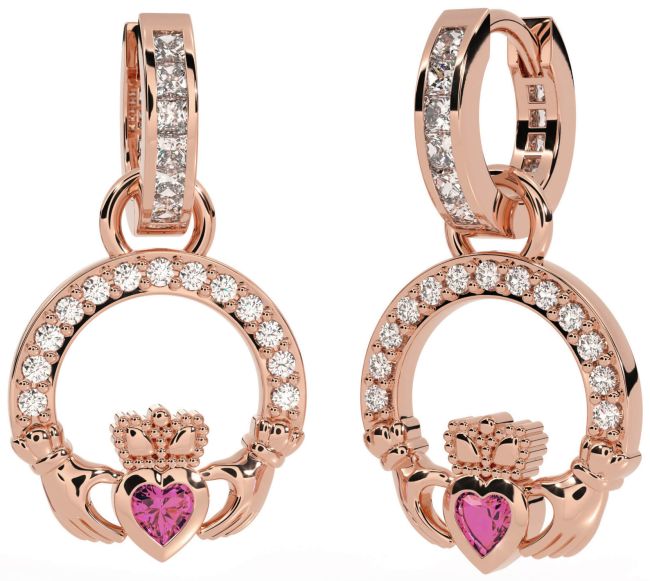 Diamond Pink Tourmaline Rose Gold Claddagh Dangle Earrings