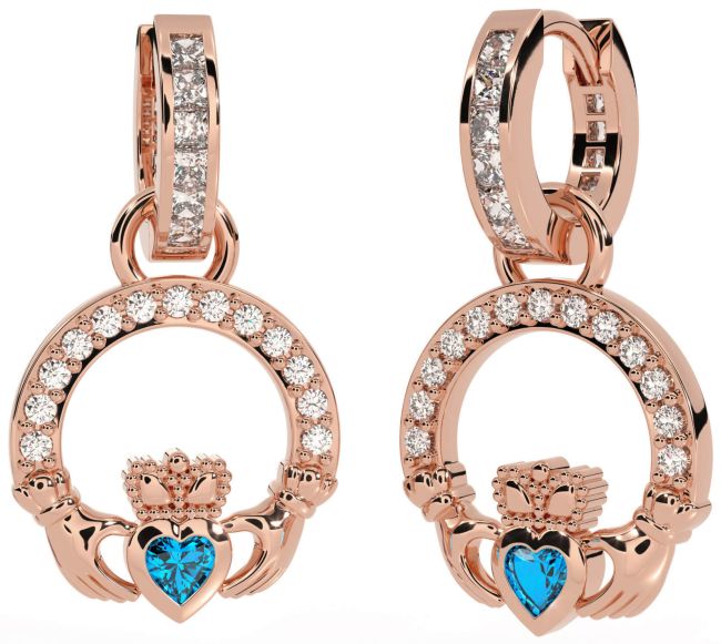 Diamond Topaz Rose Gold Claddagh Dangle Earrings