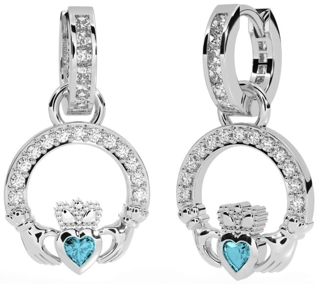 Diamond Aquamarine Silver Claddagh Dangle Earrings