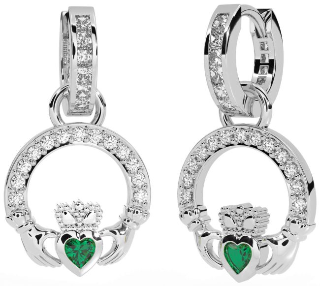 Diamond Emerald Silver Claddagh Dangle Earrings