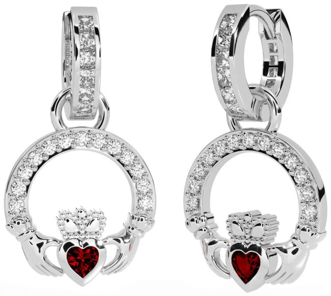 Diamond Garnet Silver Claddagh Dangle Earrings