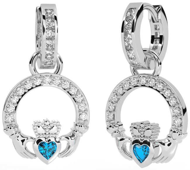 Diamond Topaz Silver Claddagh Dangle Earrings