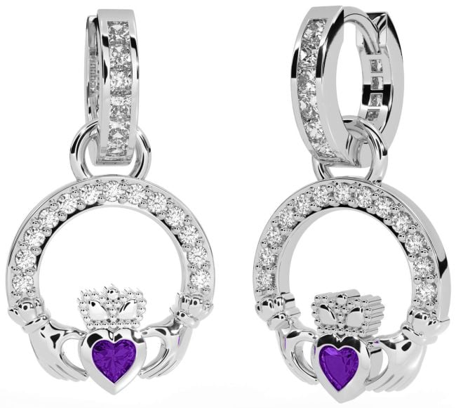 Diamond Amethyst White Gold Claddagh Dangle Earrings