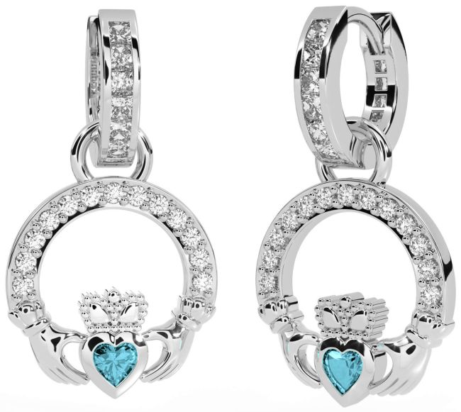 Diamond Aquamarine White Gold Claddagh Dangle Earrings