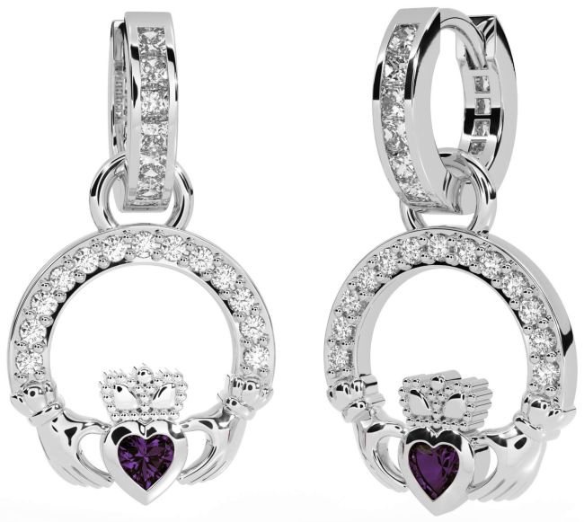Diamond Alexandrite White Gold Claddagh Dangle Earrings