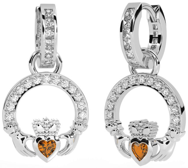 Diamond Citrine White Gold Claddagh Dangle Earrings