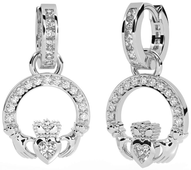 Diamond White Gold Claddagh Dangle Earrings
