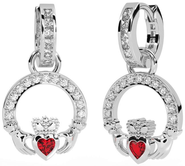 Diamond Ruby White Gold Claddagh Dangle Earrings