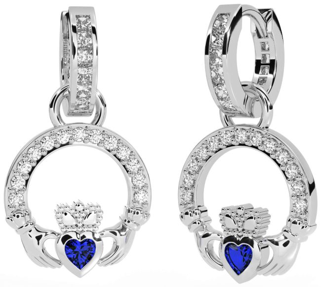 Diamond Sapphire White Gold Claddagh Dangle Earrings