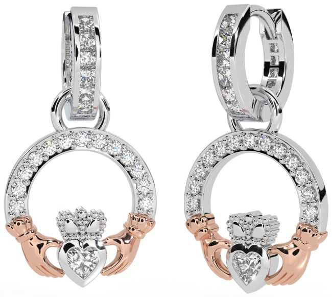 Diamond White Rose Gold Claddagh Dangle Earrings