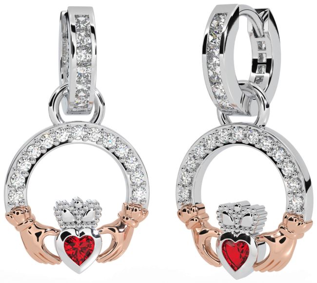 Diamond Ruby White Rose Gold Claddagh Dangle Earrings