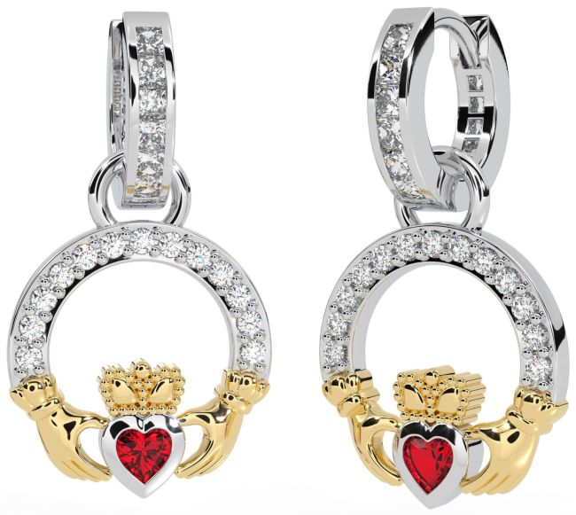 Diamond Ruby White Yellow Gold Claddagh Dangle Earrings