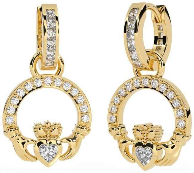 Diamond Gold Claddagh Dangle Earrings