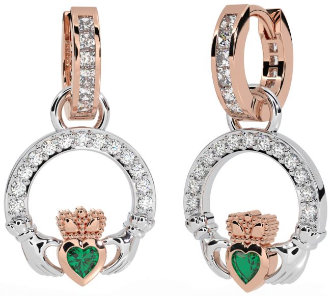 Diamond Emerald Rose Gold Silver Claddagh Dangle Earrings