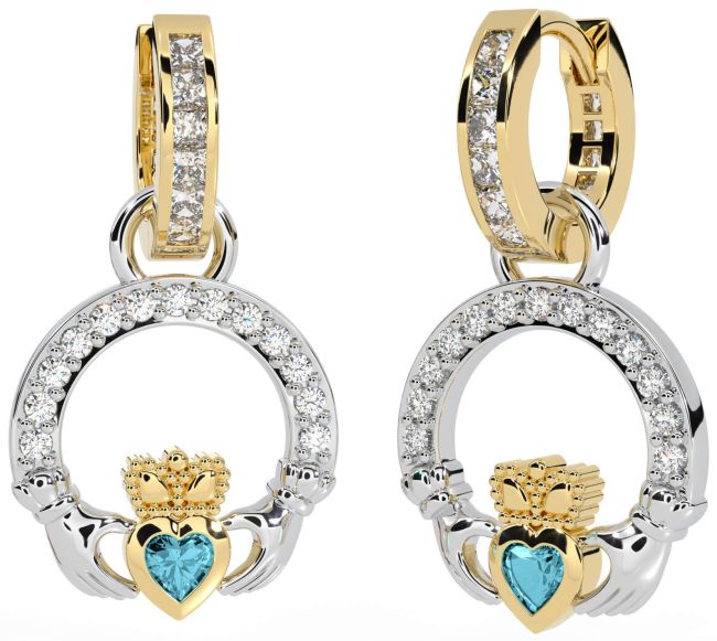 Diamond Aquamarine Gold Silver Claddagh Dangle Earrings
