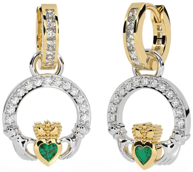 Diamond Emerald Gold Silver Claddagh Dangle Earrings