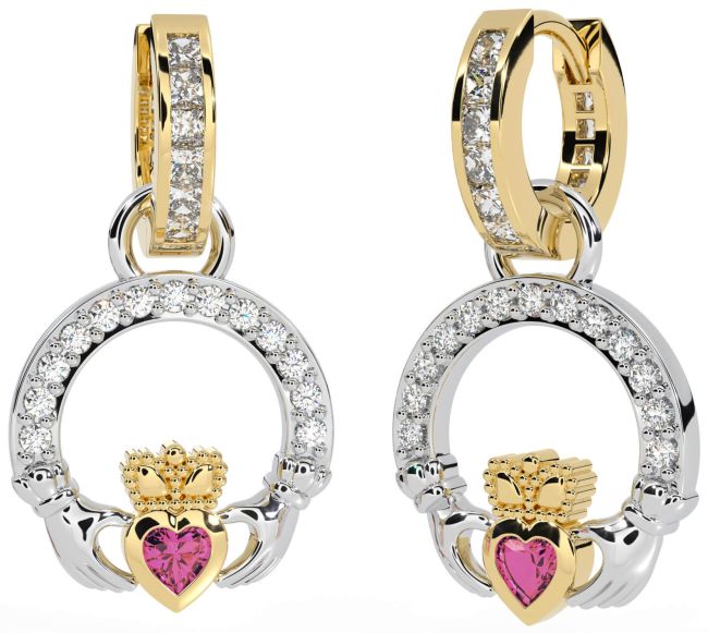 Diamond Pink Tourmaline Gold Silver Claddagh Dangle Earrings
