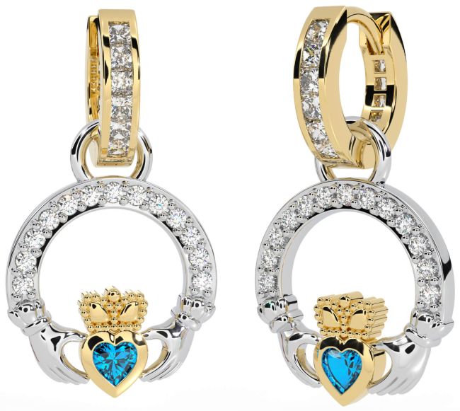 Diamond Topaz Gold Silver Claddagh Dangle Earrings