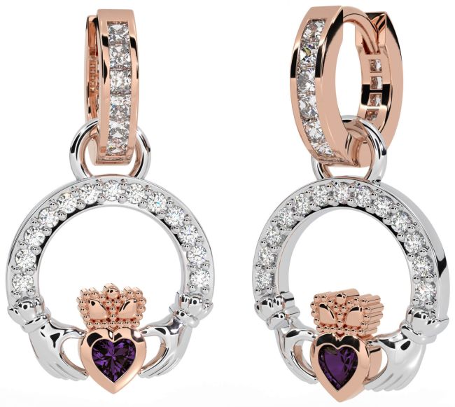 Diamond Alexandrite White Rose Gold Claddagh Dangle Earrings
