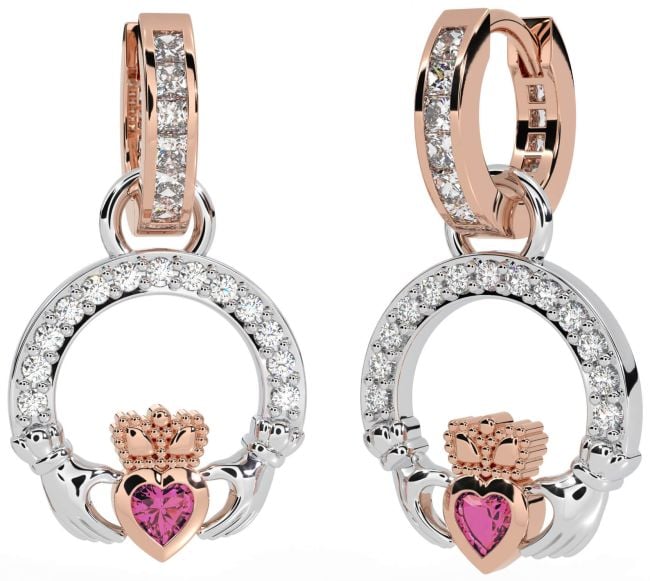 Diamond Pink Tourmaline White Rose Gold Claddagh Dangle Earrings