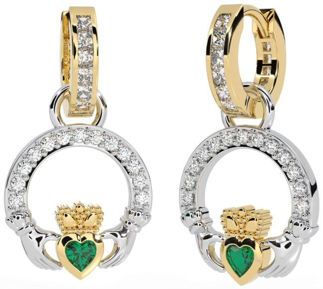 Diamond Emerald White Yellow Gold Claddagh Dangle Earrings