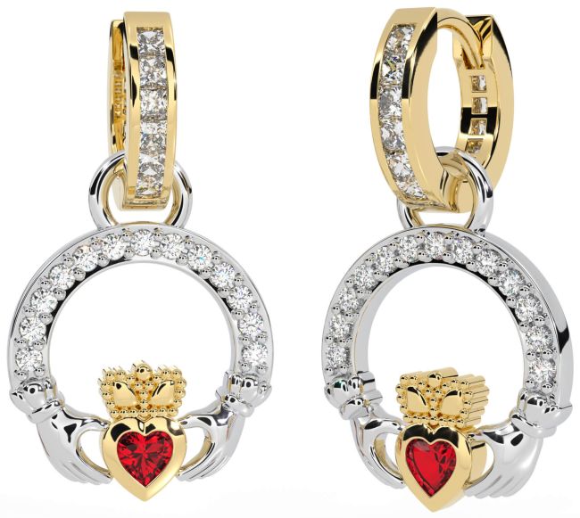 Diamond Ruby White Yellow Gold Claddagh Dangle Earrings