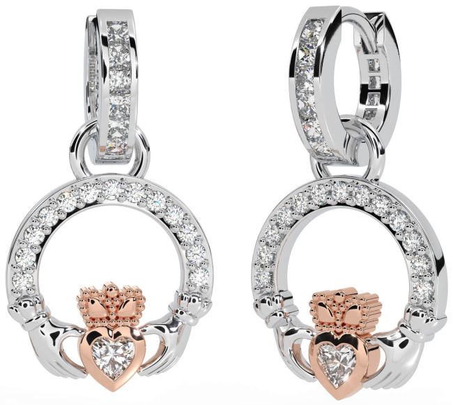 Diamond Rose Gold Silver Claddagh Dangle Earrings
