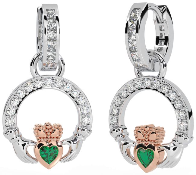 Diamond Emerald Rose Gold Silver Claddagh Dangle Earrings