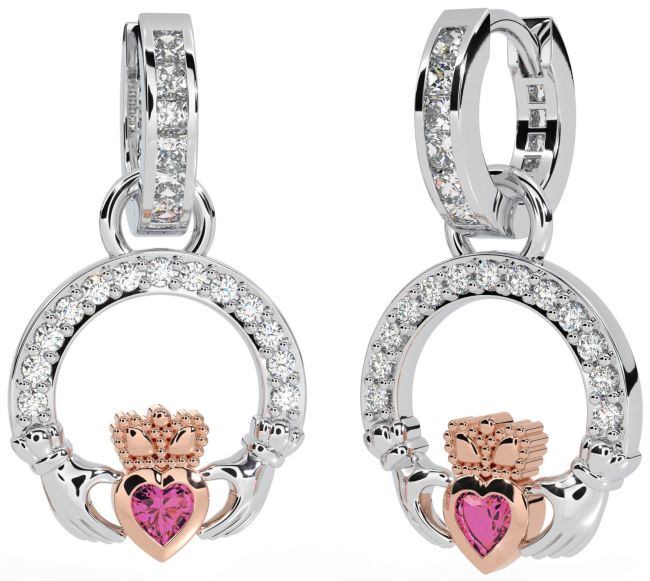 Diamond Pink Tourmaline Rose Gold Silver Claddagh Dangle Earrings