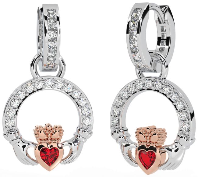 Diamond Ruby Rose Gold Silver Claddagh Dangle Earrings