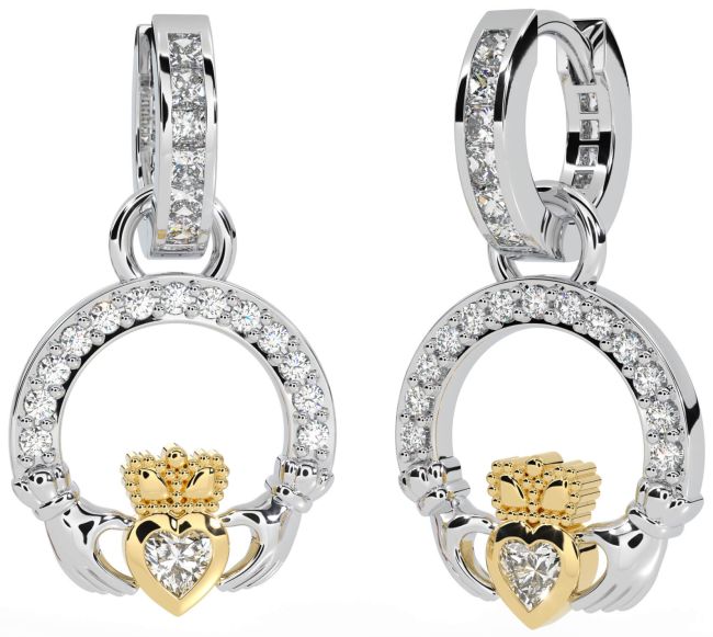 Diamond Gold Silver Claddagh Dangle Earrings