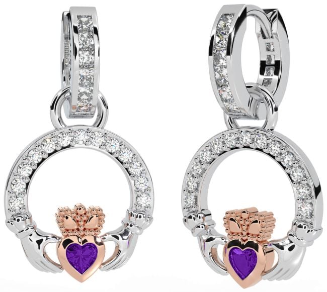 Diamond Amethyst Rose Gold Silver Claddagh Dangle Earrings
