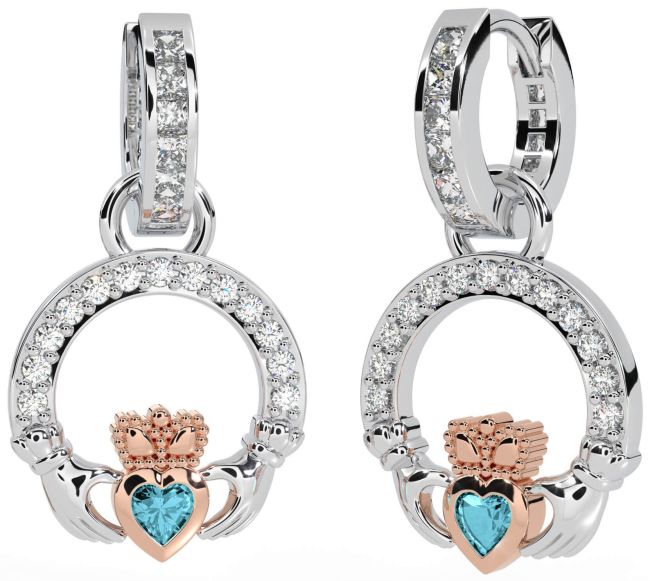 Diamond Aquamarine Rose Gold Silver Claddagh Dangle Earrings