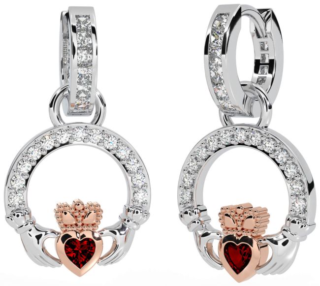 Diamond Garnet Rose Gold Silver Claddagh Dangle Earrings