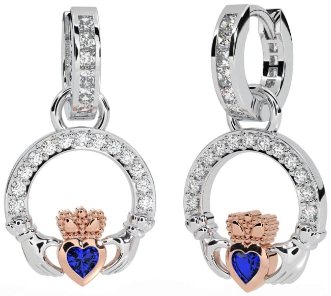 Diamond Sapphire Rose Gold Silver Claddagh Dangle Earrings