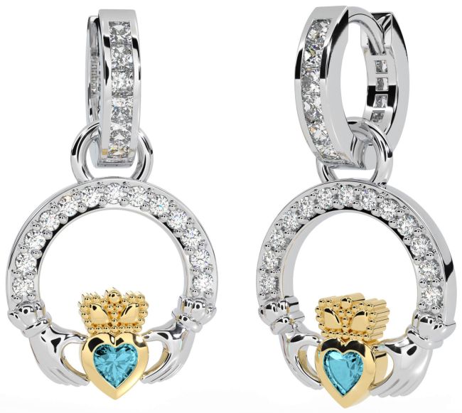 Diamond Aquamarine Gold Silver Claddagh Dangle Earrings