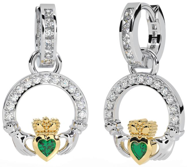 Diamond Emerald Gold Silver Claddagh Dangle Earrings