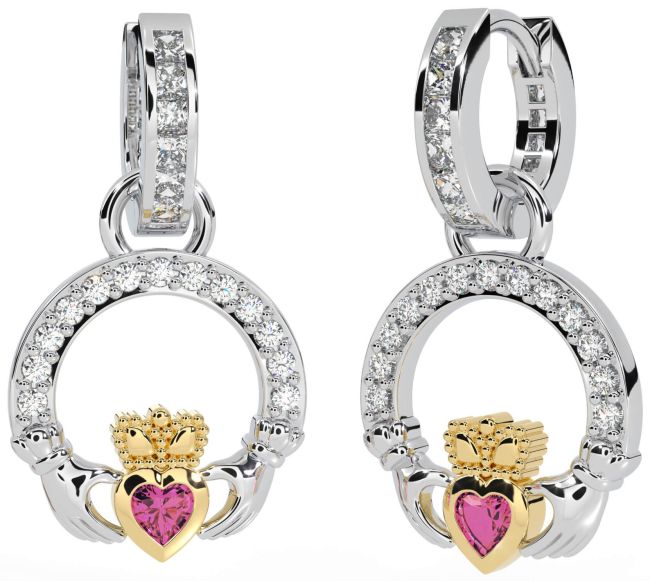 Diamond Pink Tourmaline Gold Silver Claddagh Dangle Earrings