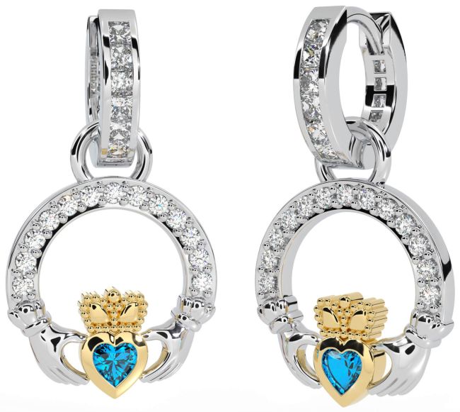 Diamond Topaz Gold Silver Claddagh Dangle Earrings
