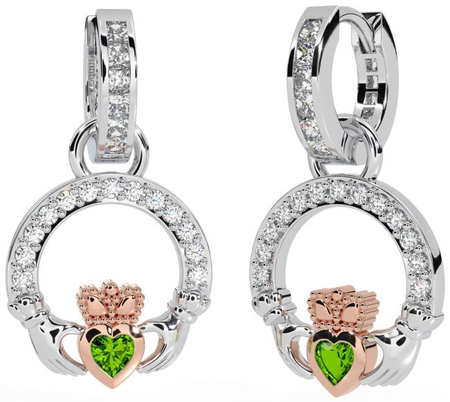 Diamond Peridot White Rose Gold Claddagh Dangle Earrings