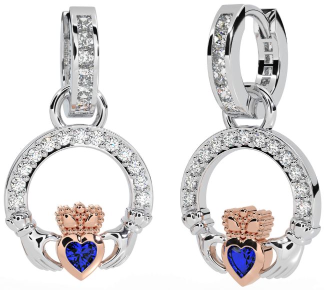 Diamond Sapphire White Rose Gold Claddagh Dangle Earrings