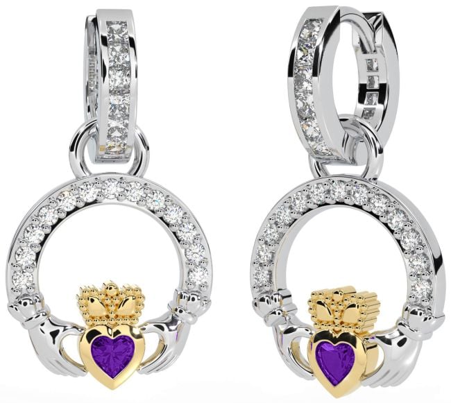 Diamond Amethyst White Yellow Gold Claddagh Dangle Earrings